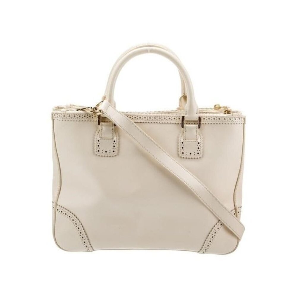 Tory Burch Cream Leather Laser-Cut Tote Bag Snap Top Handle Shoulder Purse - Picture 2 of 8